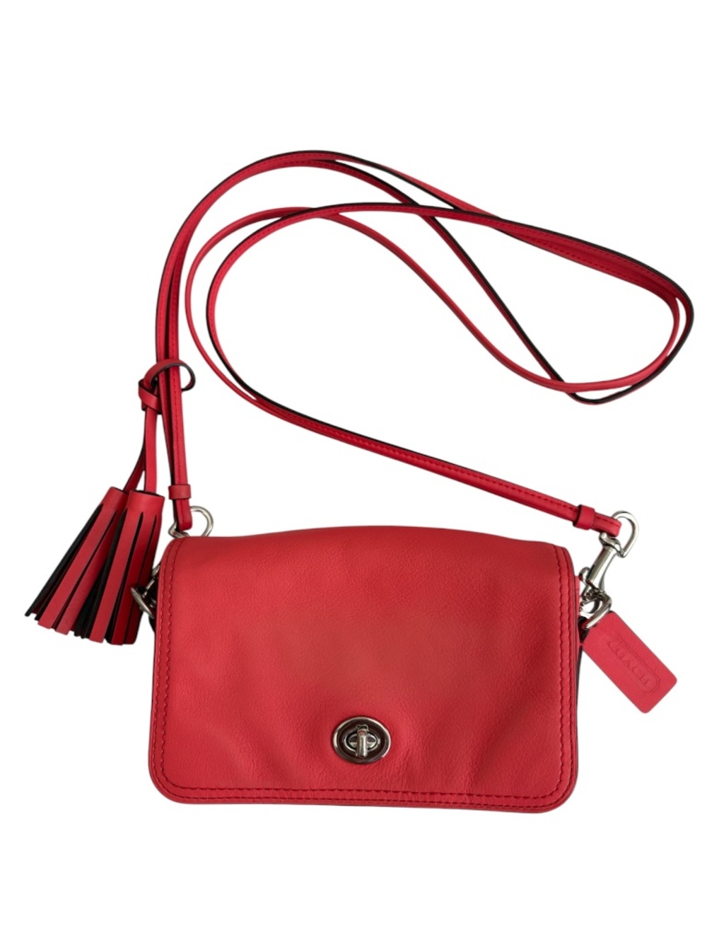 Coach Legacy Leather Penny Shoulder Purse Bright Coral #19914 Crossbody w/Tassel